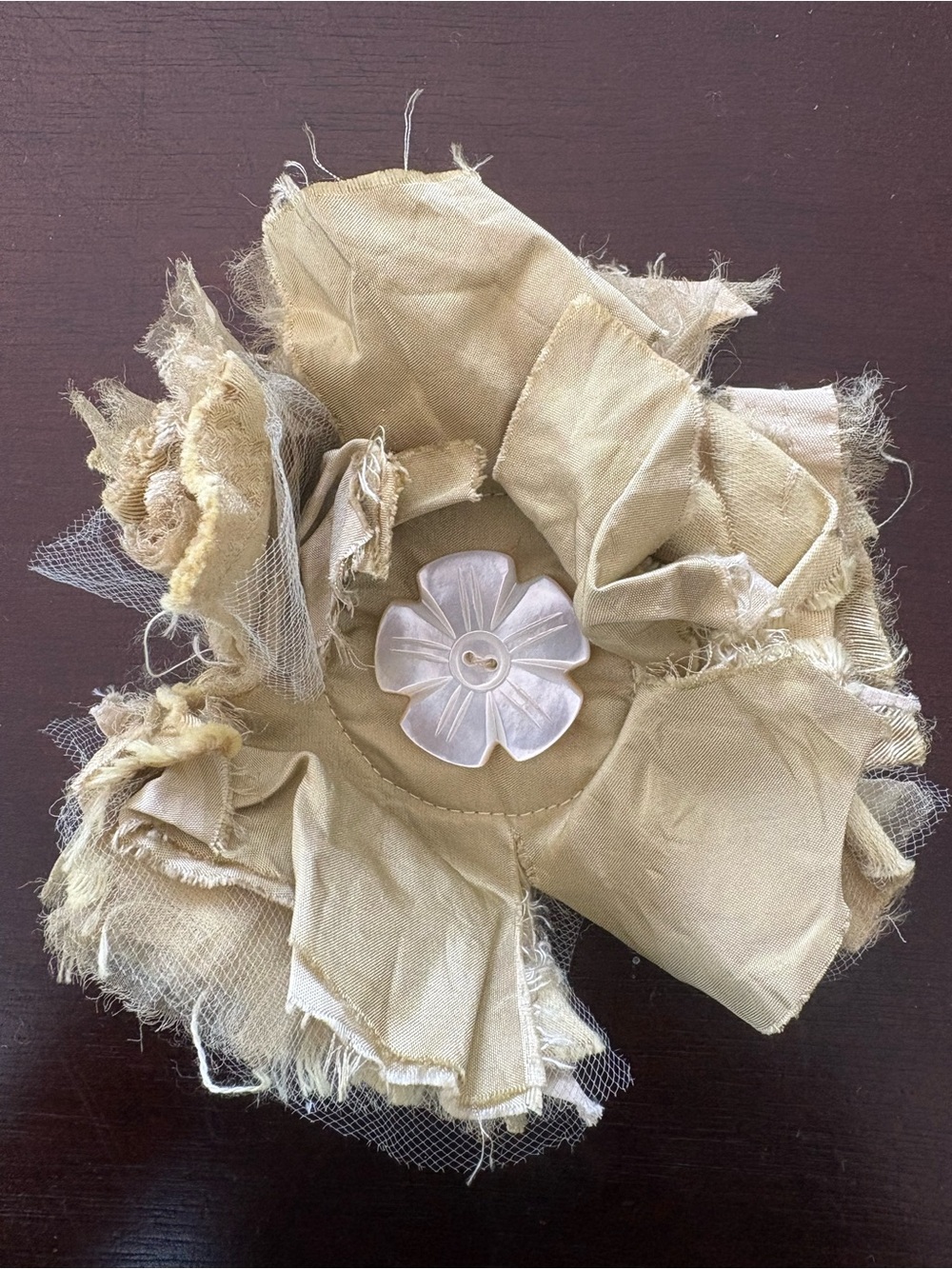Cream Fabric Flower Brooch with Mother-of-Pearl Center
